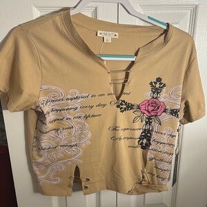 Love Tan Crop Tee with Cut Out and Pink Accents
